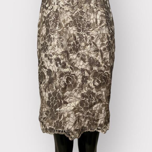 Adrianna Papell Formal Lace Sheath Dress Womens sz 2 Floral Sequin Golden Gown - Picture 6 of 14